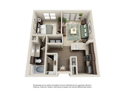Floor plan for 1 bed, 1 bath, 657 sqft